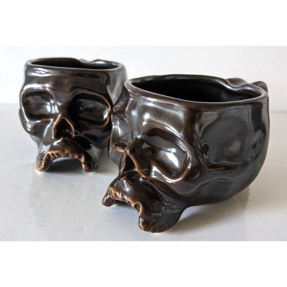 VTG Lot Of 2 Williams Sonoma Scull Coffee Mug Brown Glaze Halloween 10 Oz 7*3*3"